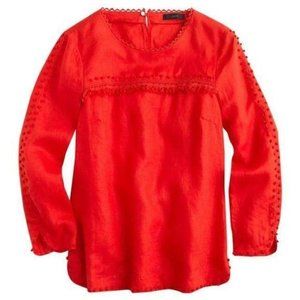 J. Crew Bright Red Long-Sleeve Embellished Silk Blouse